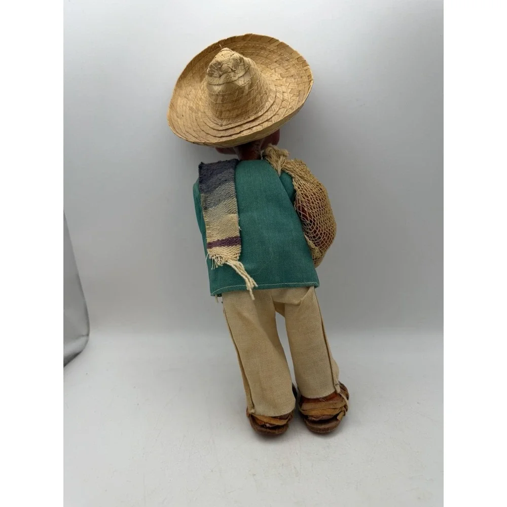 Vintage Mexican Folk Art Doll Straw Sombrero Cloth Body Painted Face 10